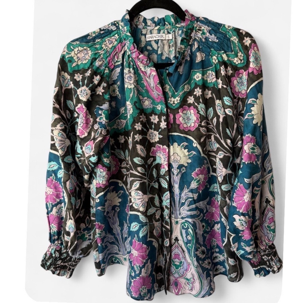 Mariacher Floral Paisley Silk Blend Ruffle Blouse Teal Purple‎ Cottagecore Small